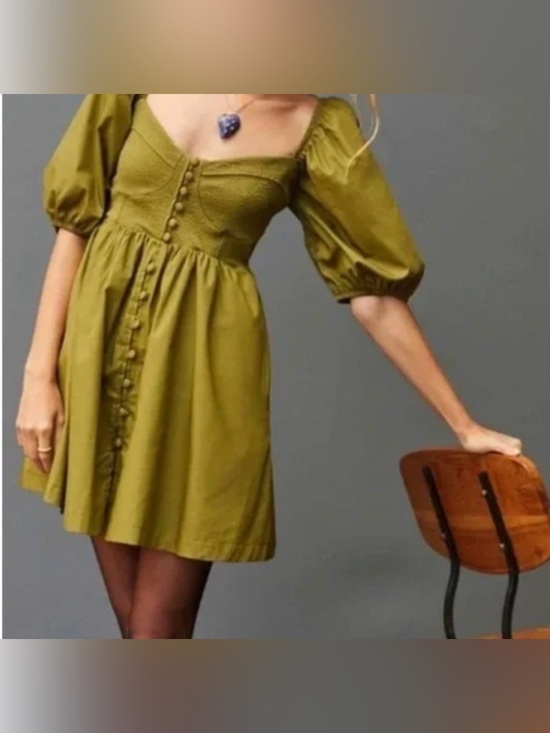 Anthropologie Dresses & Skirts - Maeve Anthropologie Olive Green Puff-Sleeve Button Mini Dress Size 3X